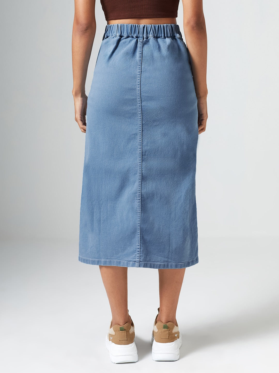 Light Blue Straight Fit High Rise Clean Look Stretchable Denim Midi Skirt for Women