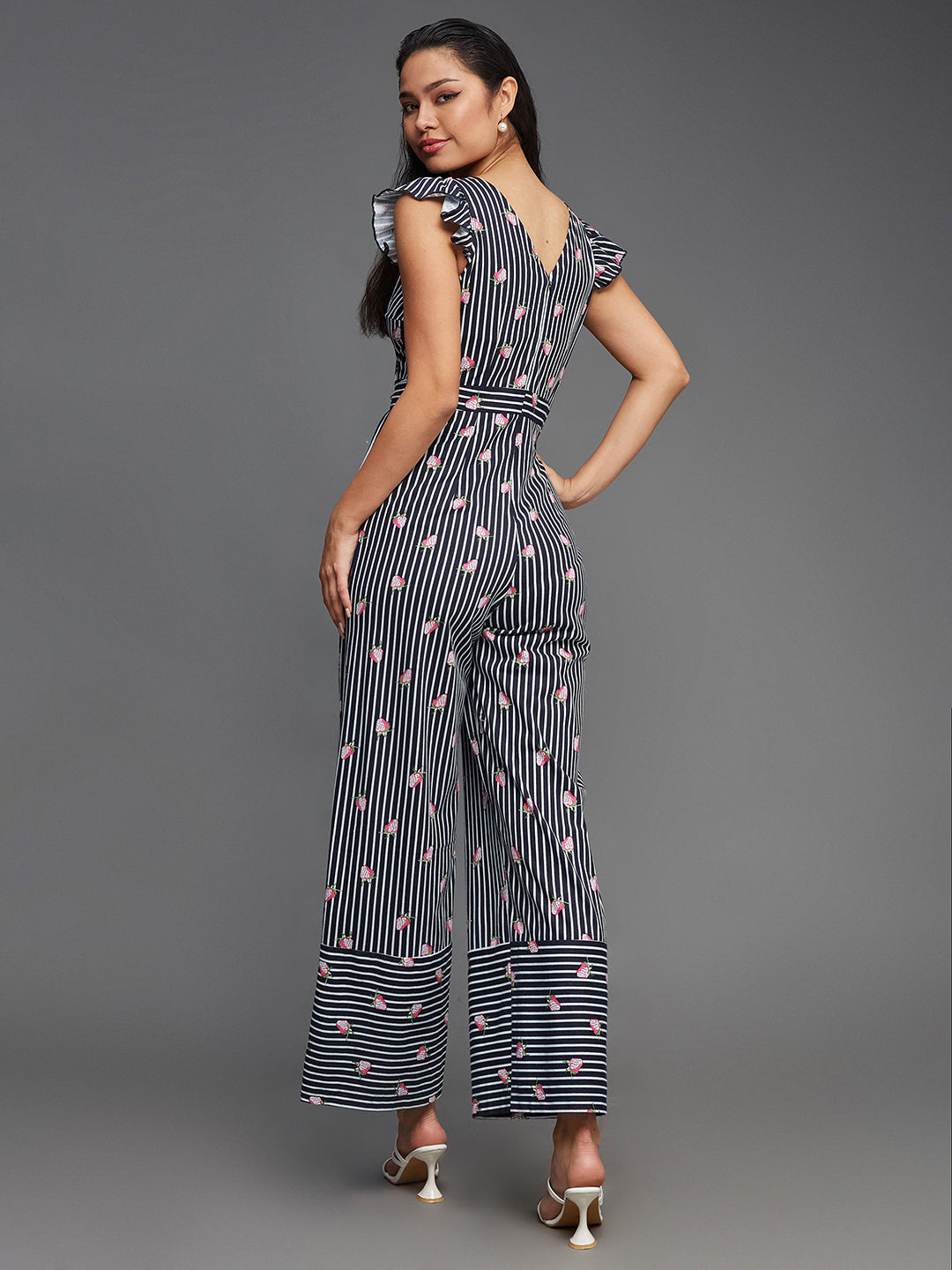 Women's Multicolored-Base-Navy V-Neck Cap Sleeve Striped Waist Tie-Up Pure Cotton Regular-Length Jumpsuit