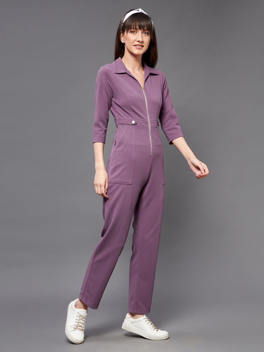 Crease Ease Women's Dark Lavender Collared 3/4 Sleeve Solid Straight Leg Regular Jumpsuit