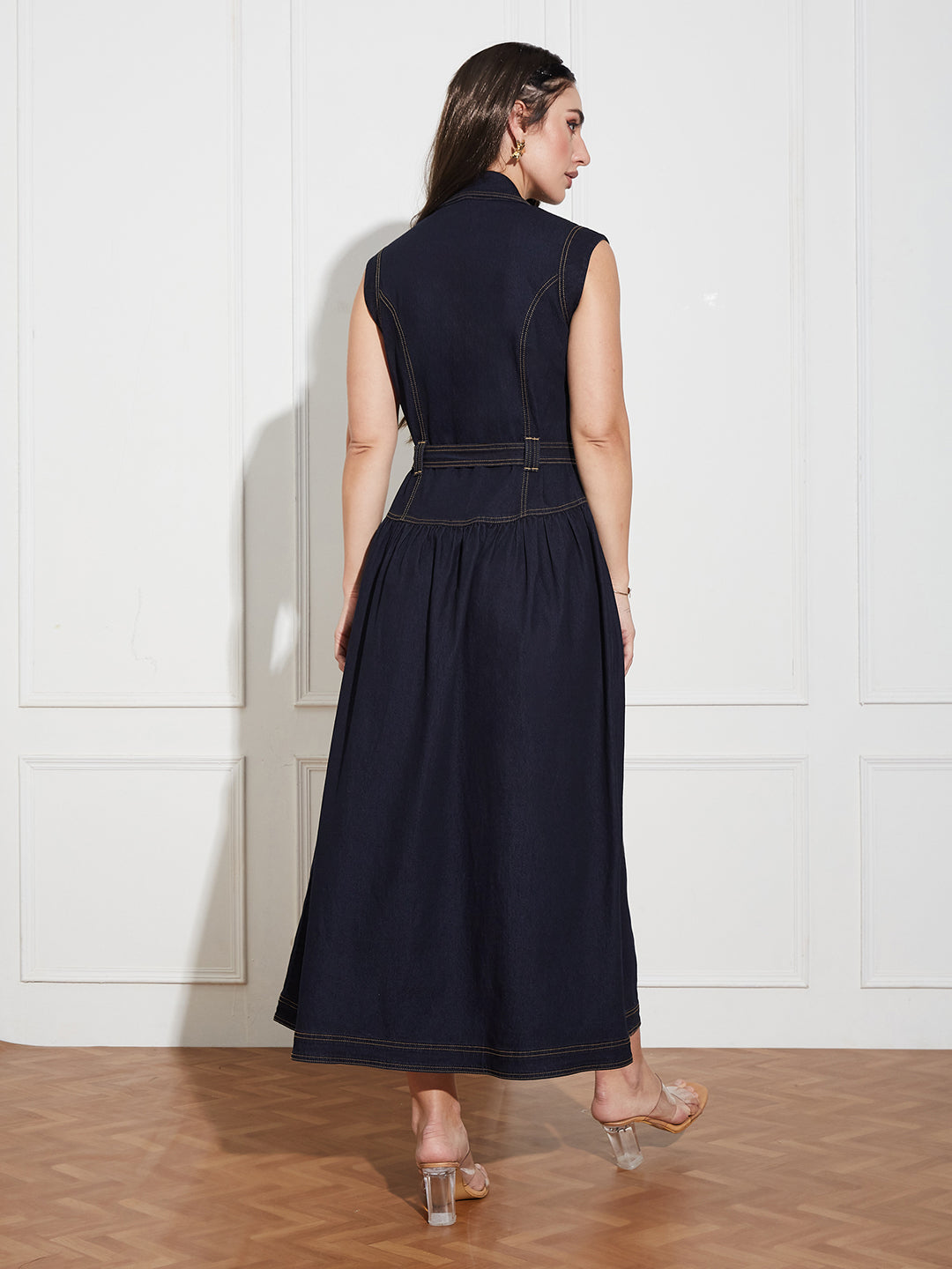 Women's Dark Blue Notched-Collar Sleeveless Solid Drop Waist Maxi-Length Light Weight Denim Shirt Dress