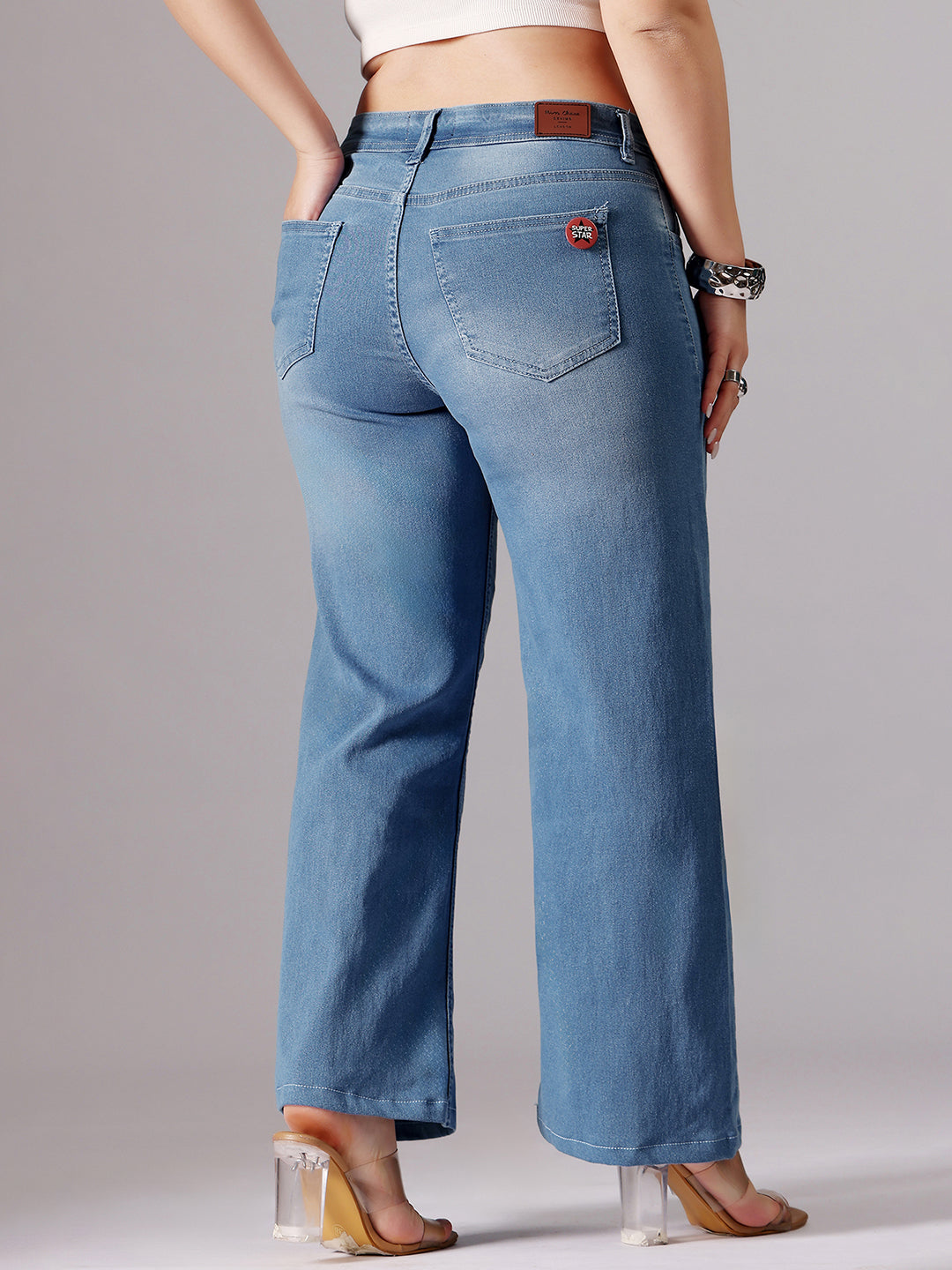 24/7 Comfort Light Blue Wide-Leg fit Mid-Rise Regular Length Stretchable Denim Jeans
