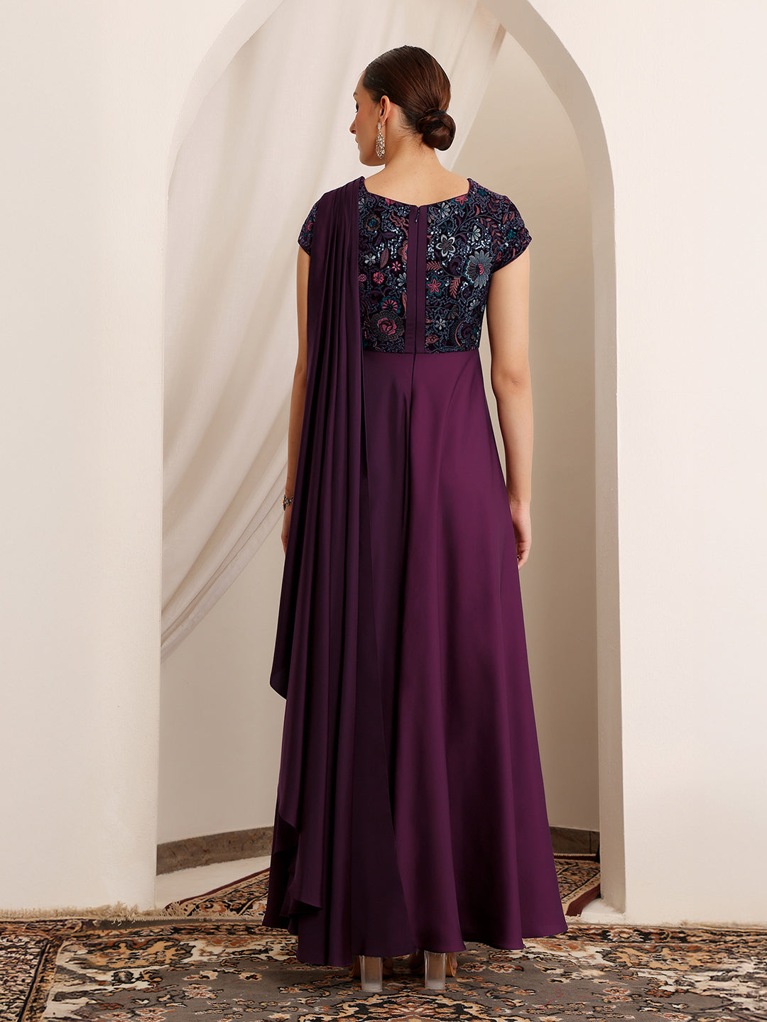 Women's Purple Asymmetric Short Sleeve Embroidered Draped Satin Maxi Dress