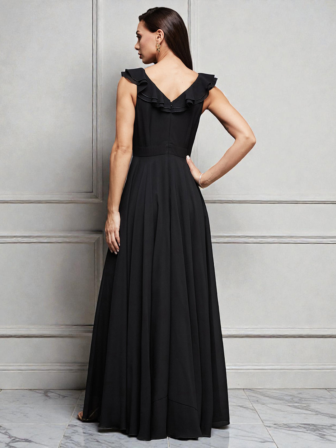 Women's Black Sleeveless Embroidered Ruffled Georgette Maxi Dress