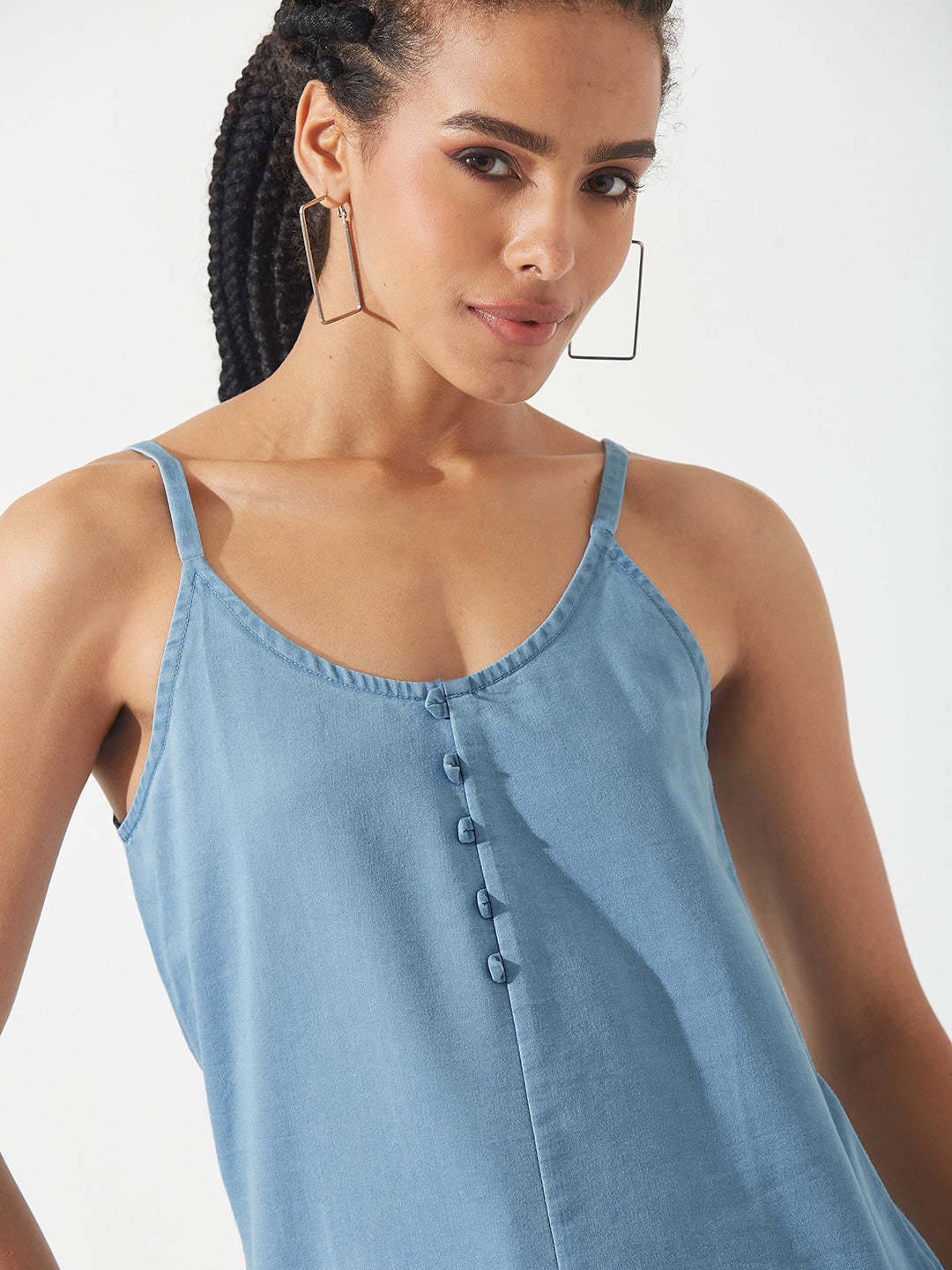 Light-Blue V Neck Sleeveless Cotton Solid Denim Spaghetti Top for Women