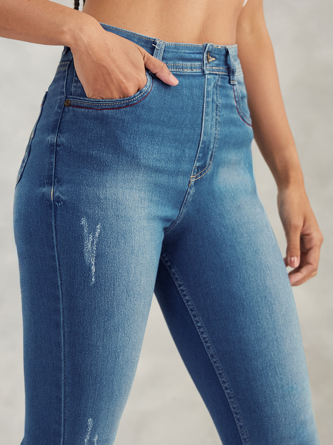 Women's Blue Skinny High-Rise Twill Tape Detailing Scraped Stretchable Denim Jeans