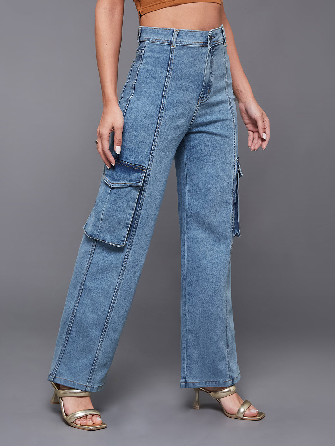 24/7 Comfort Blue Wide-Leg High-Rise Stretchable Cargo Denim Jeans