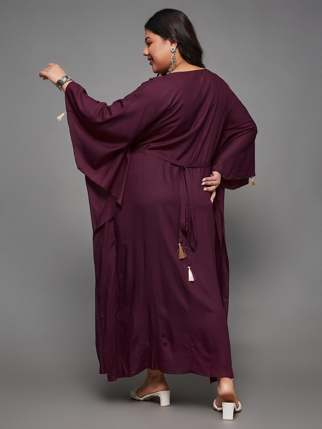 Wine Red Kaftan Dress with Multicoloured Embroidered Belt for Women | Indowestern Collection