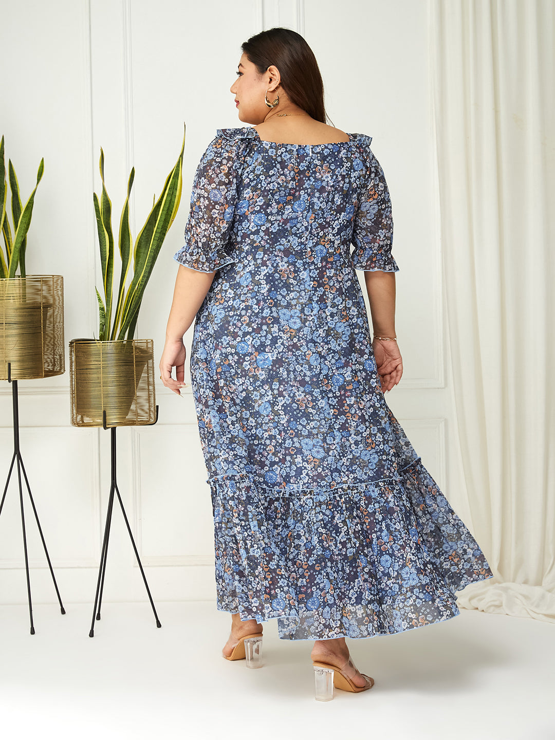 Navy Blue Multicoloured Floral Printed Puff Sleeves Sweetheart Neck Fit and Flare Maxi Dress for Women