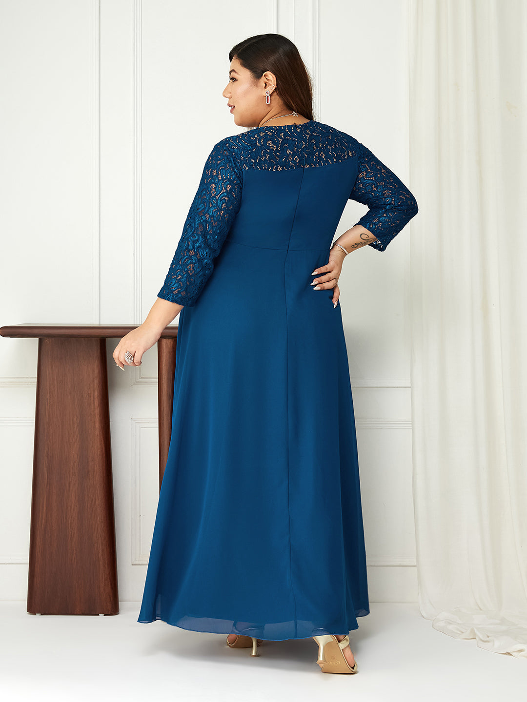 Royal Blue V-Neck 3/4 Sleeve Self-Designed Wrap-Styled Georgette Maxi Dress for Women