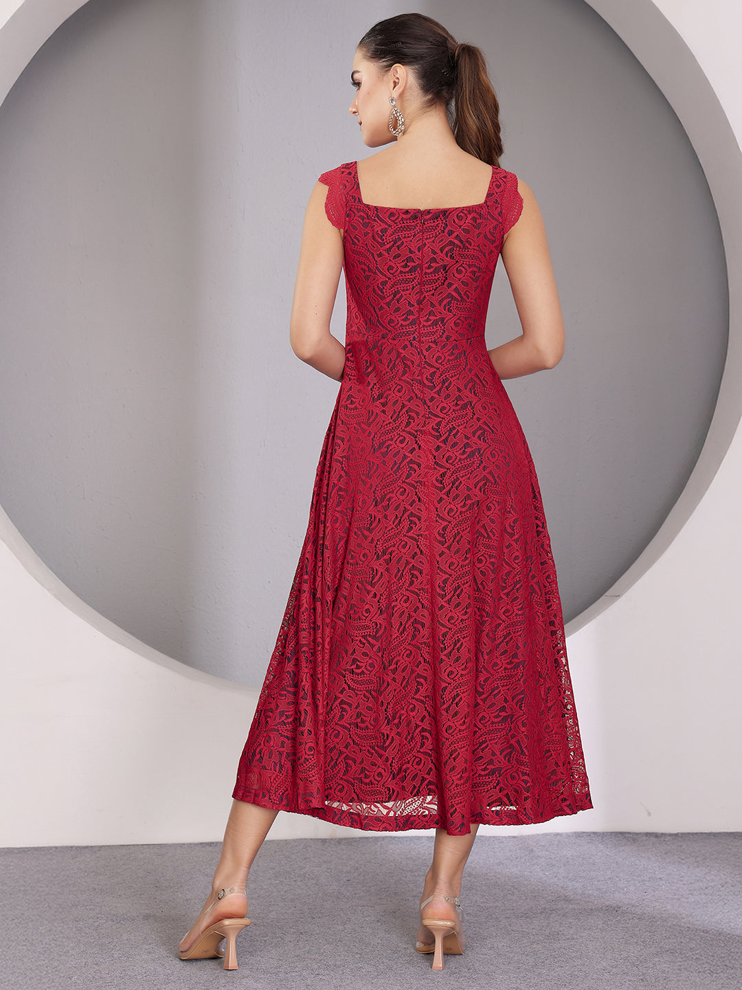 Women's Maroon Square Neck Sleeveless Self-Designed Ruffled Midi Lace Dress