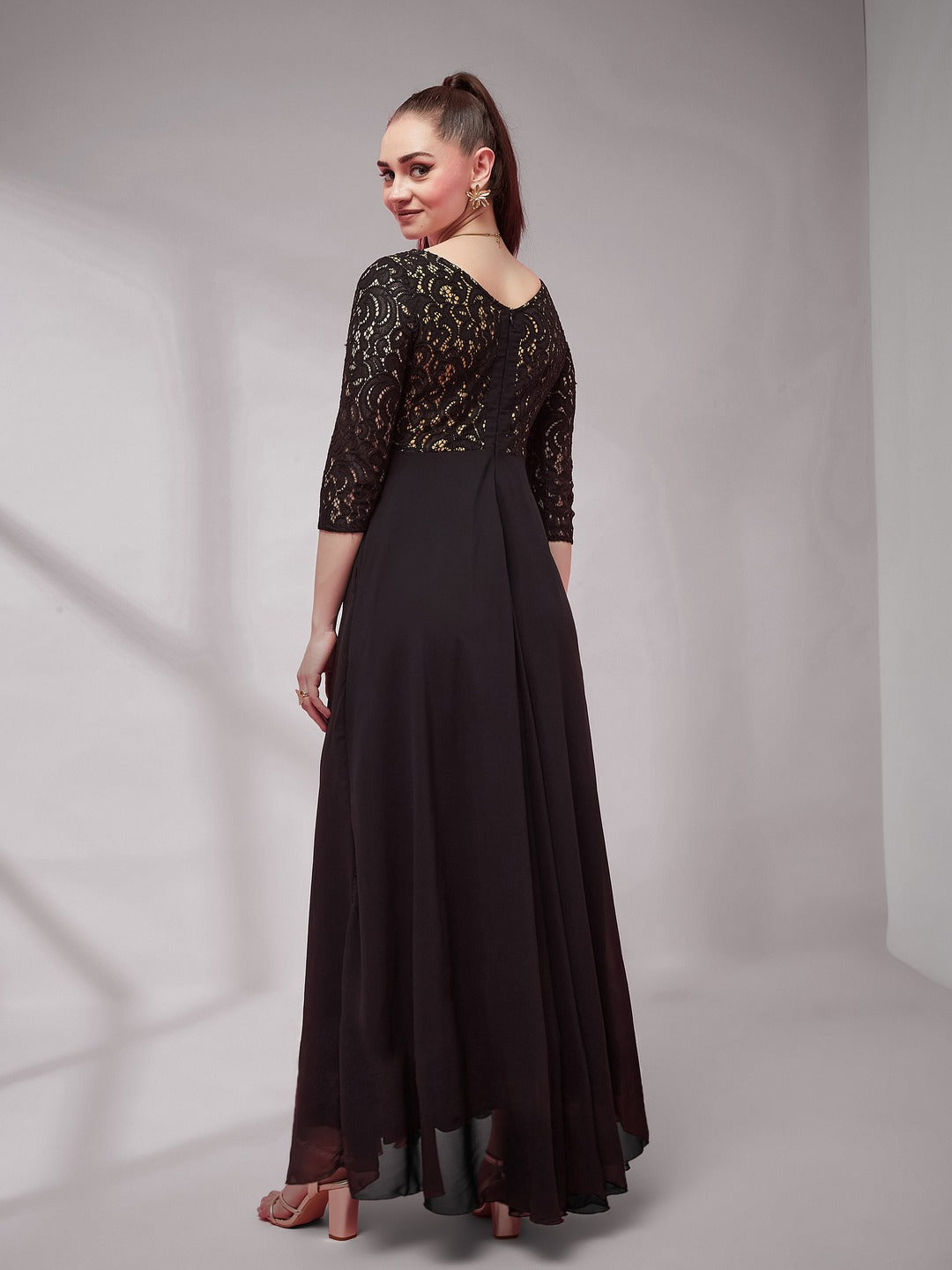 Black Self Design Boat Neck 3/4 Sleeves Side Pocketed Georgette Fit and Flare Maxi Length Dress for Women