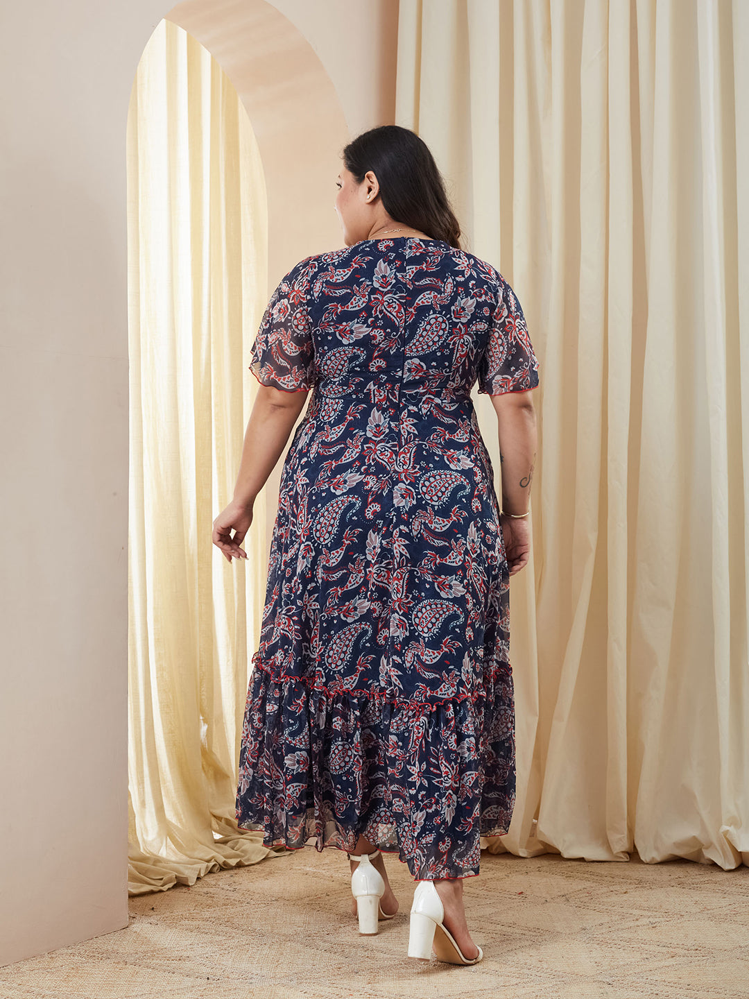 Multicolored Navy Floral Wrap Chiffon Maxi Dress with Flutter Sleeves & Frilled Hem for Women — Miss Chase A+