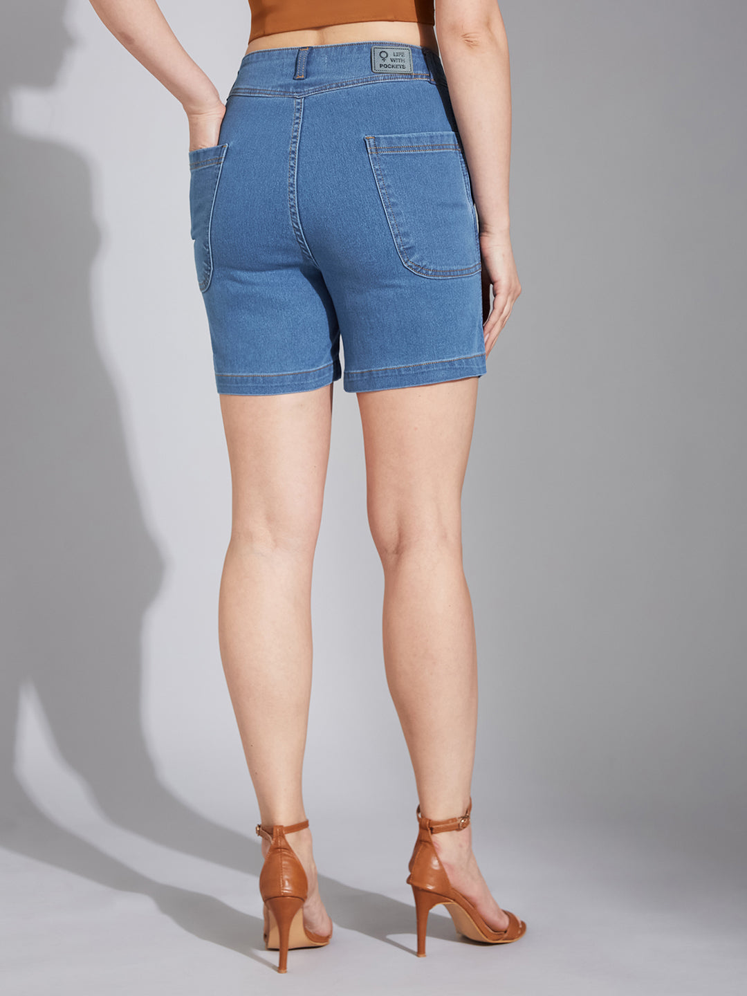 Relaxed-Fit Mid-Rise Clean-Look Stretchable Blue Denim Bermuda Shorts for Women