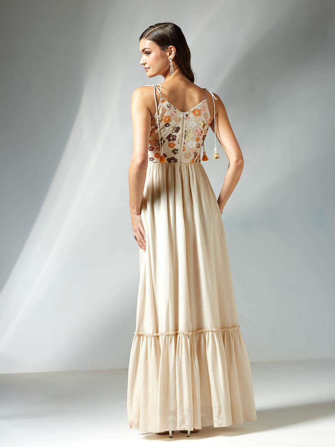 Cream Floral Printed Sleeveless Maxi Dress for Women