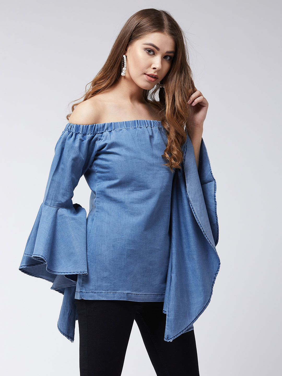 Women's Blue Off-Shoulder Ruffled Full Sleeves Solid Denim Top