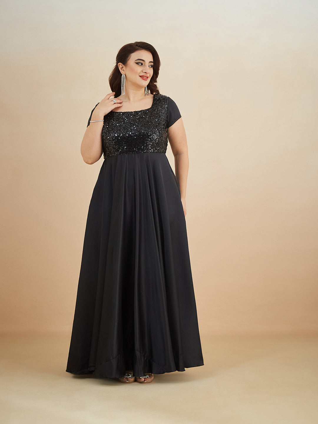 Black Square Neck Short Sleeve Embellished Polyester Fit & Flare Maxi Dress for Women — Miss Chase A+