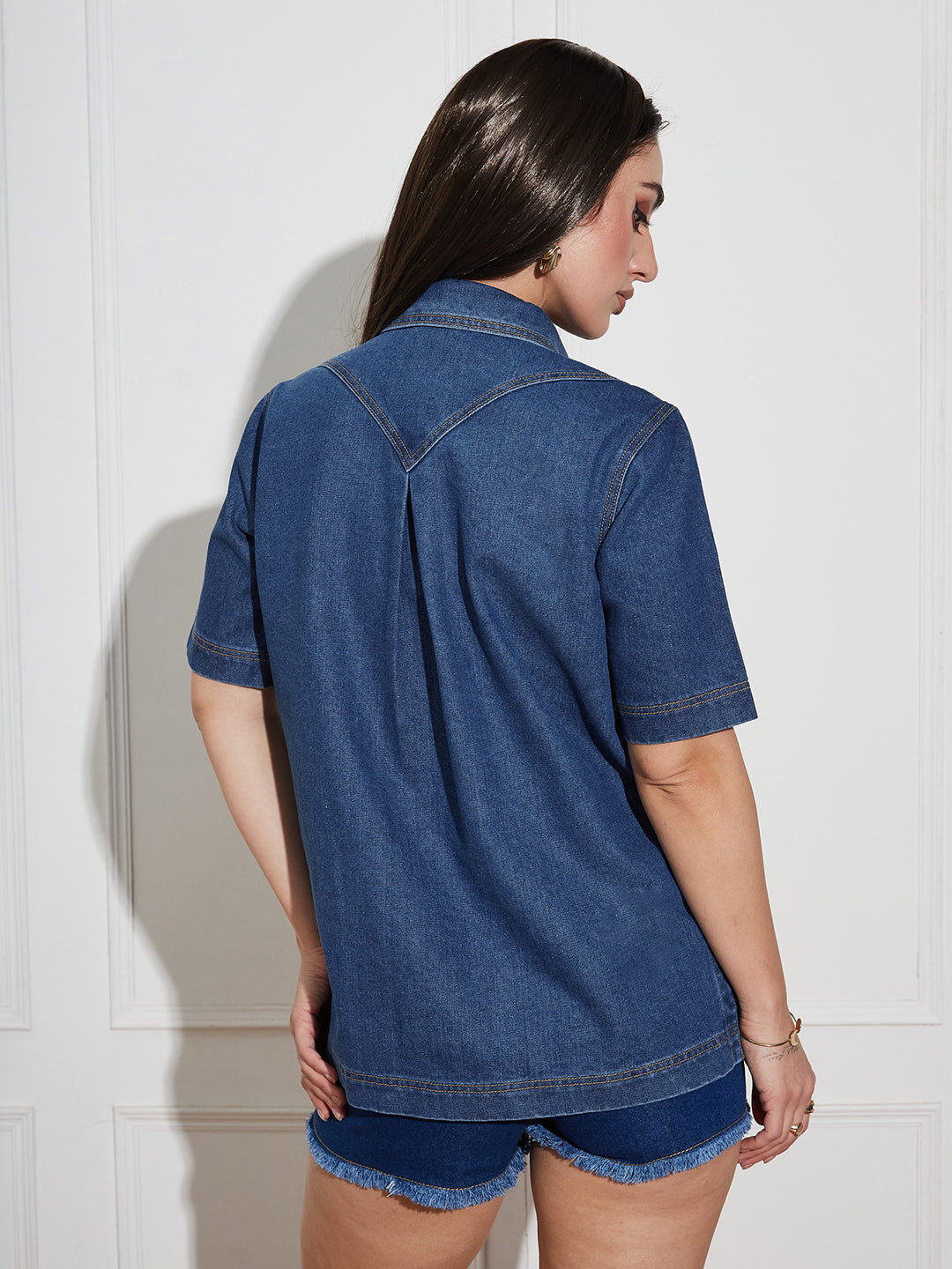 Women's Navy Blue Boxy Denim Shirt – Half Sleeves, Collared, Relaxed Fit