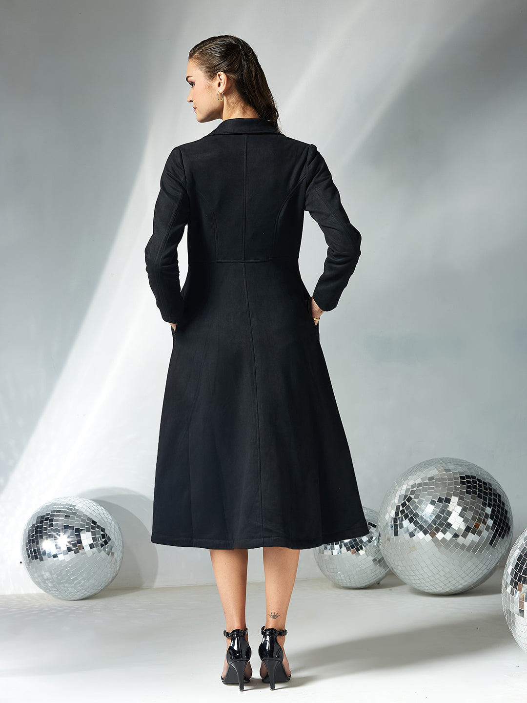 Women's Black Solid V-Neck Full Sleeves Side Pocketed Polyester Double Breasted Longline Jacket