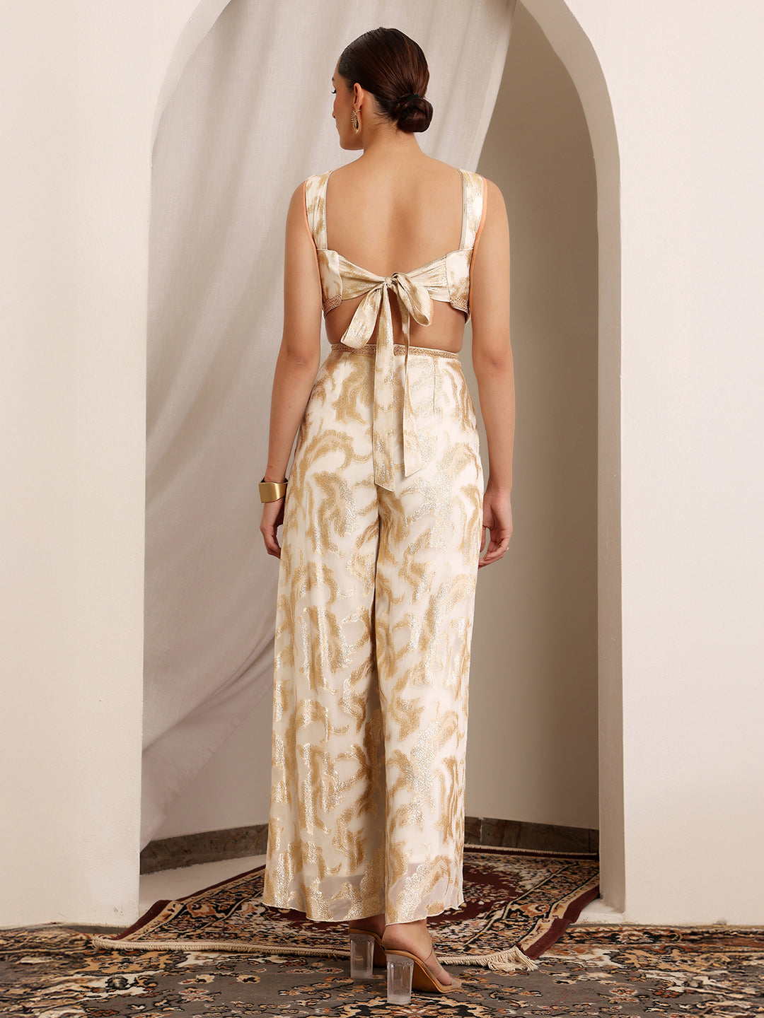 Women's Off White V-Neck Sleeveless Self-Designed Pleated Regular-Length Georgette Jumpsuit
