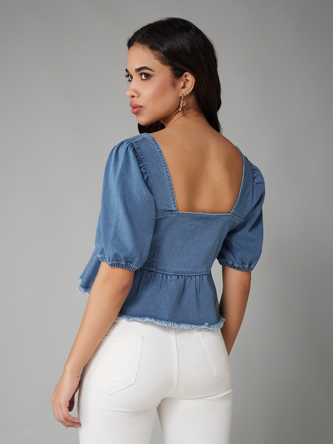 Women's Light Blue Square-Neck Puff-Sleeve Peplum-Styled Denim Cropped Top