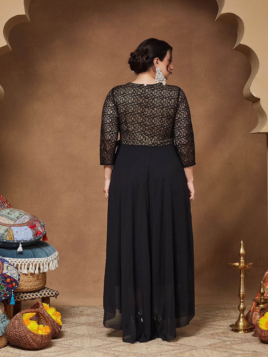 Black Self-Designed Relaxed Fit V-Neck 3/4th Sleeve Georgette And Lace Maxi Dress for Women — Miss Chase A+