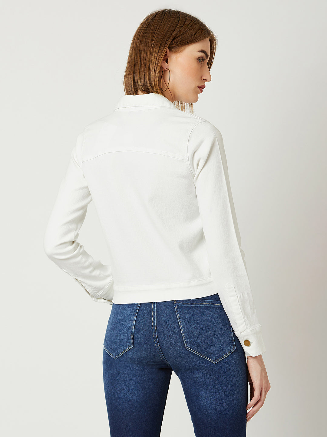 White Polo Neck Full Sleeves Denim Solid Cropped Jacket for Women