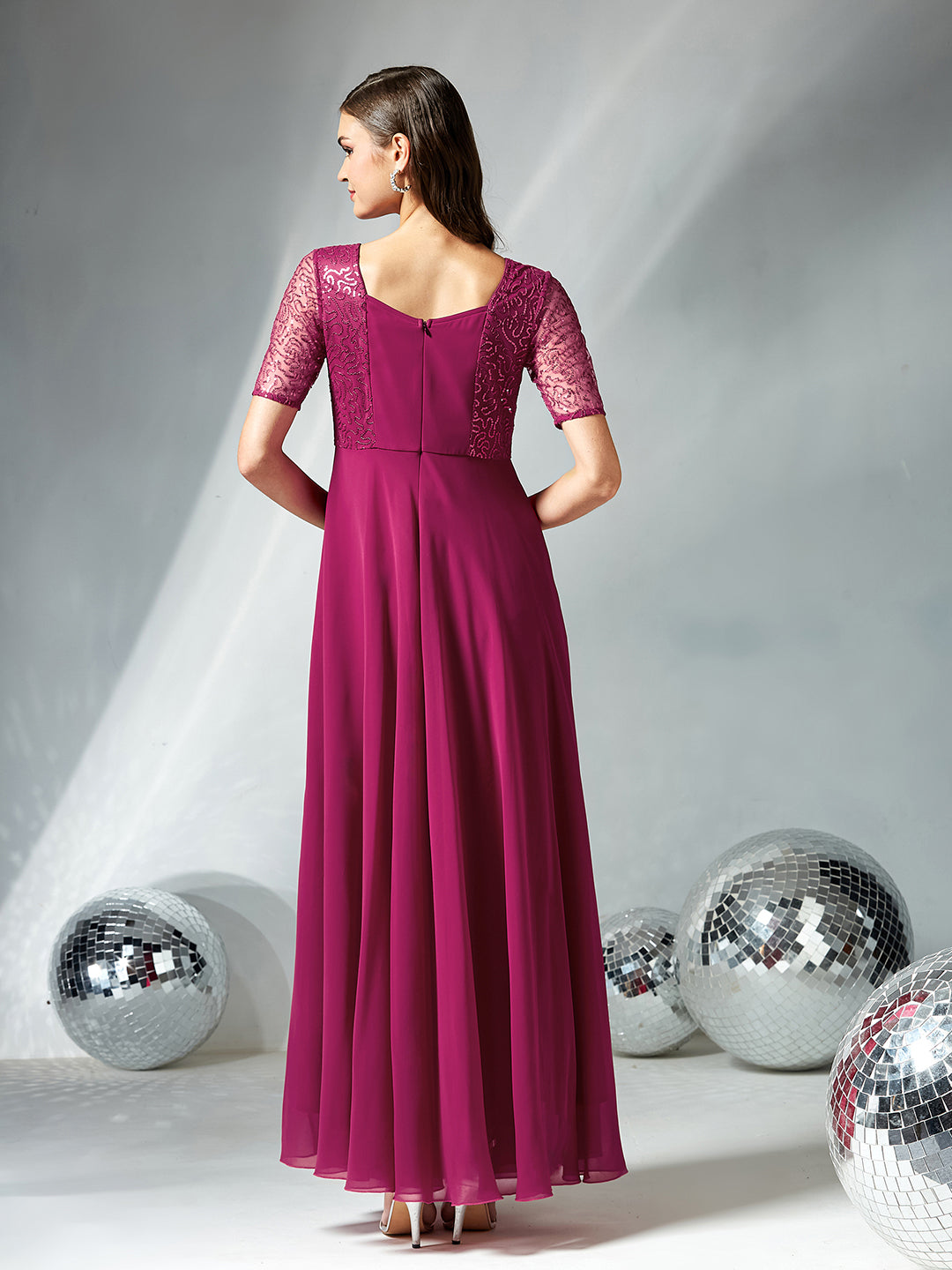 Dusty Pink Square Neck Half Sleeve Solid Embellished Maxi Dress for Women
