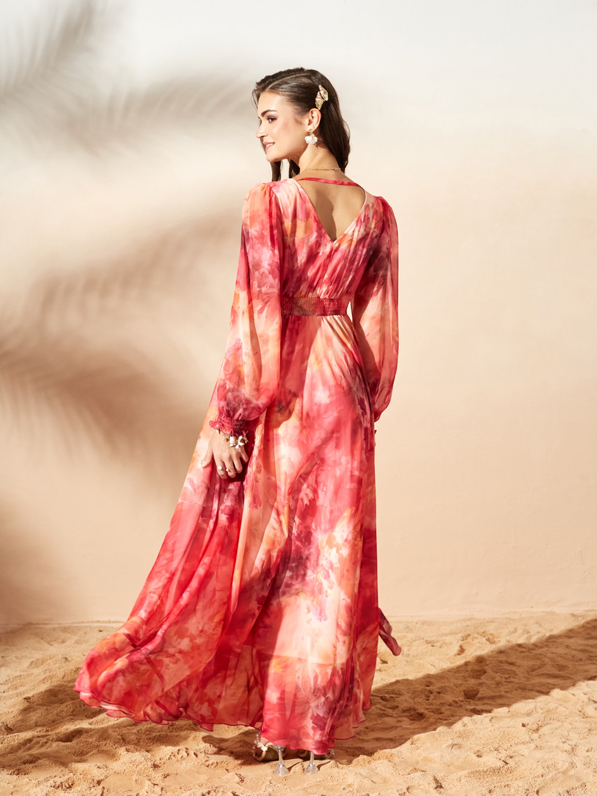 Orange Full Sleeves Floral Printed Fit and Flare Dress for Women