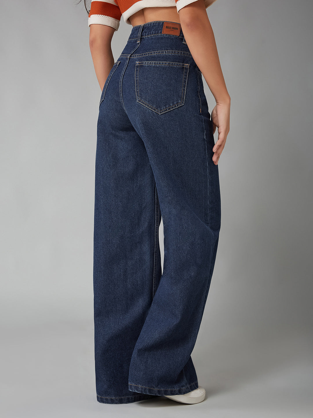 Women's Navy Blue Wide-Leg High-Rise Clean-Look Regular-Length Non-stretchable Denim Jeans
