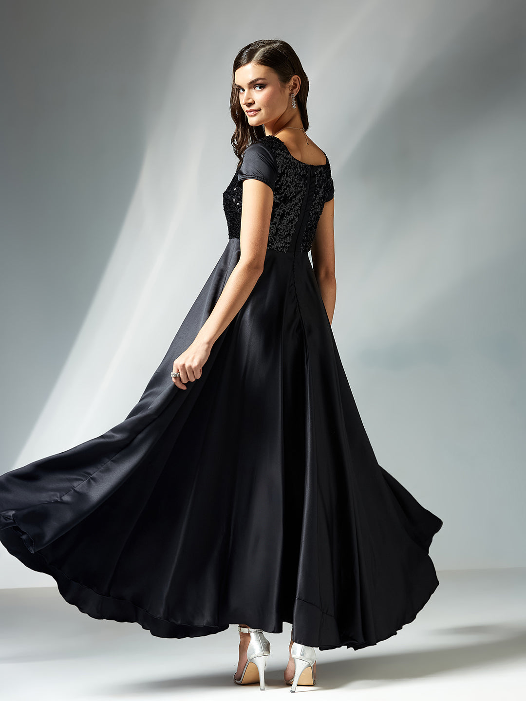 Women's Black Square Neck Short Sleeve Embellished Polyester Fit & Flare Maxi Dress