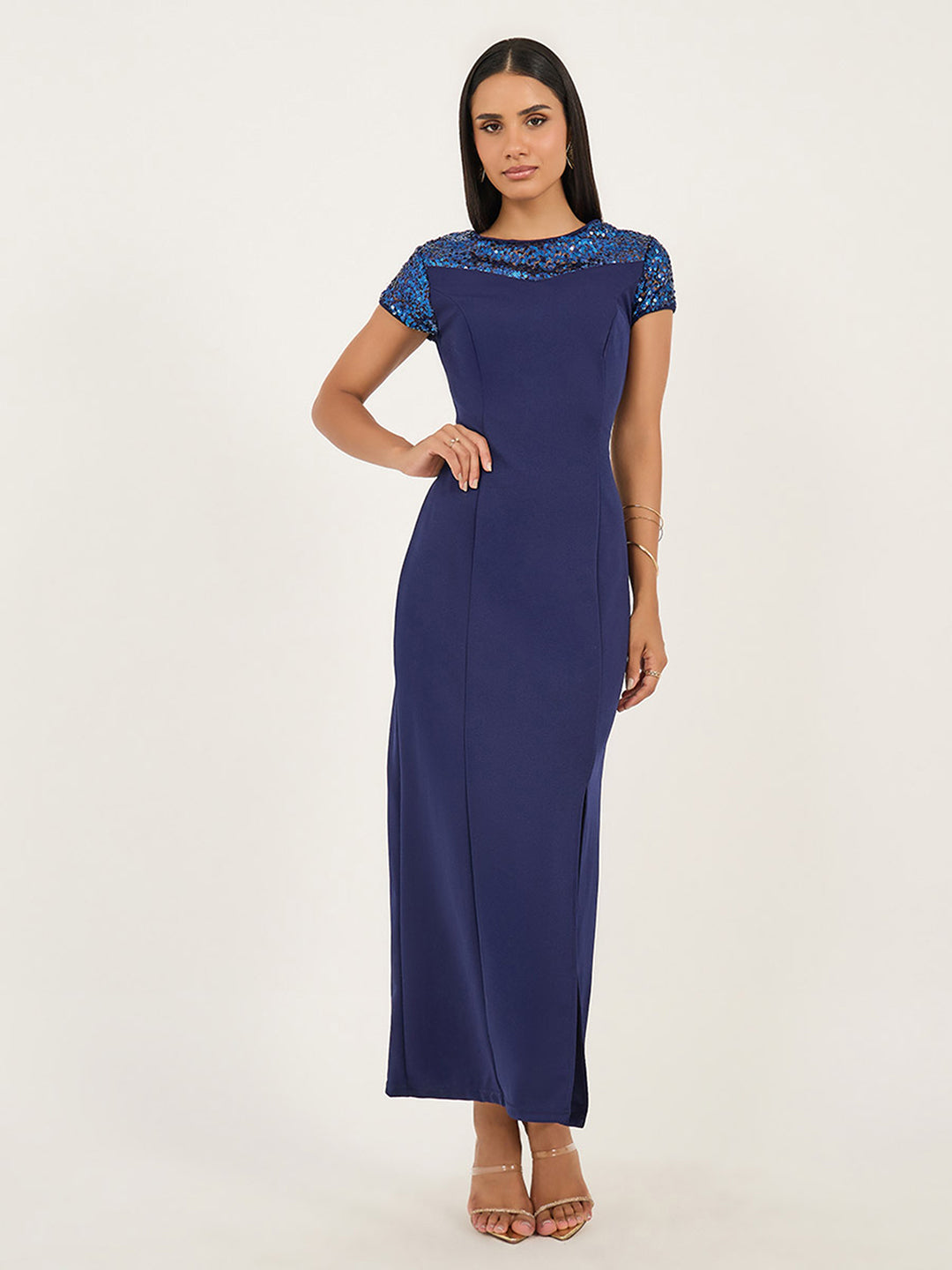 Women's Navy Blue Round Neck Cap Sleeves Sequin Panelled Solid Bodycon Maxi Dress