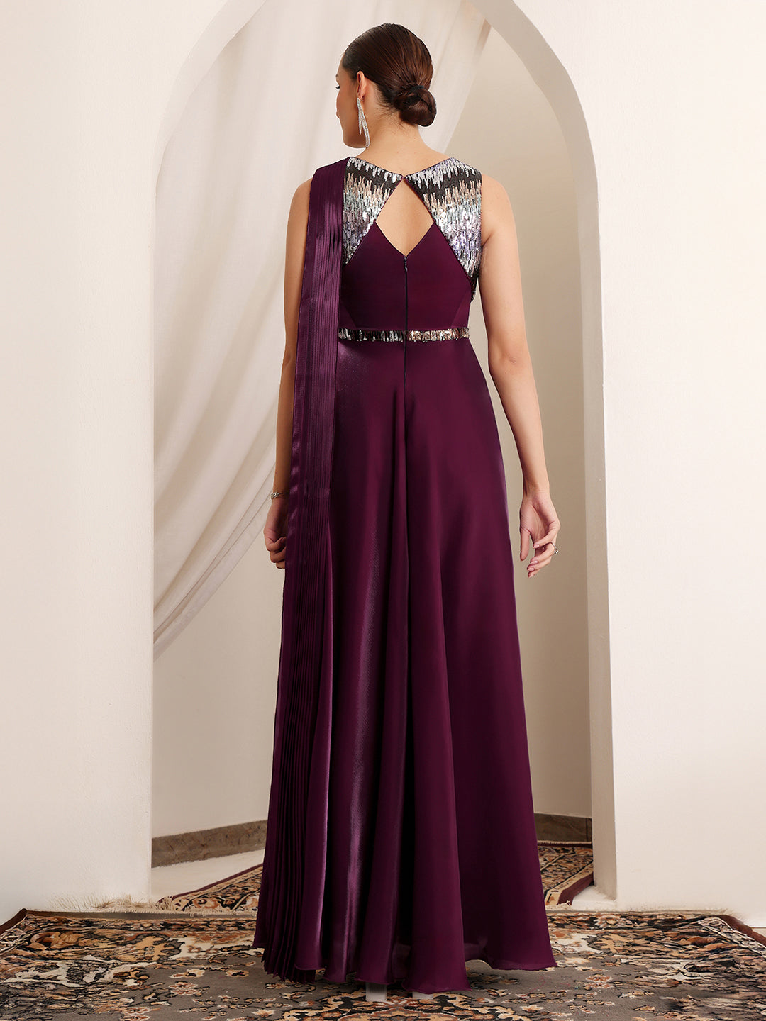 Women's Dark Purple Round Neck Sleeveless Embellished Layered Satin Maxi Dress