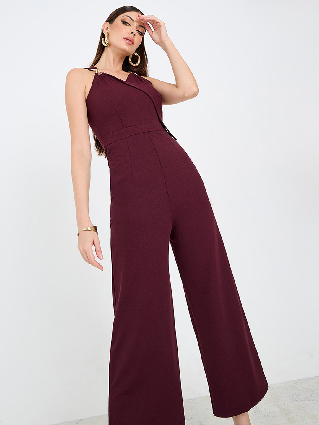 Women's Wine V-Neck Sleeveless Solid Wrap Regular Jumpsuit