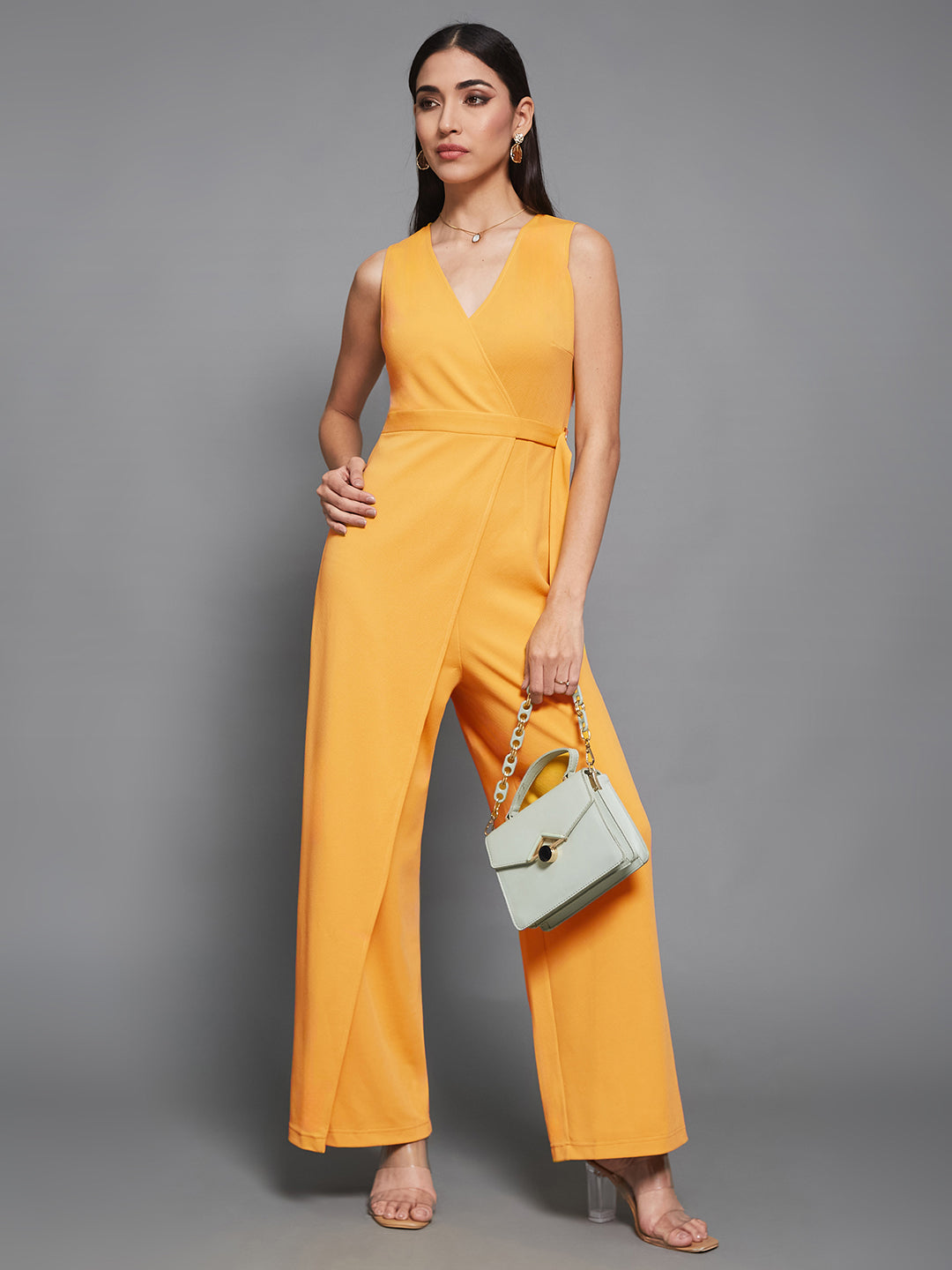 Mustard Yellow V-Neck Sleeveless Solid Wrap Regular Length Jumpsuit