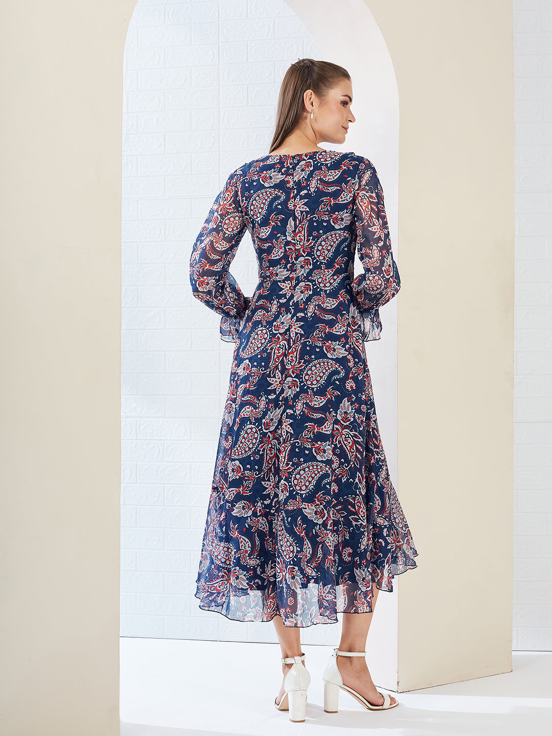 Navy Blue V Neck Full Sleeves Polyester Relaxed Fit Midi Length Dress for Women