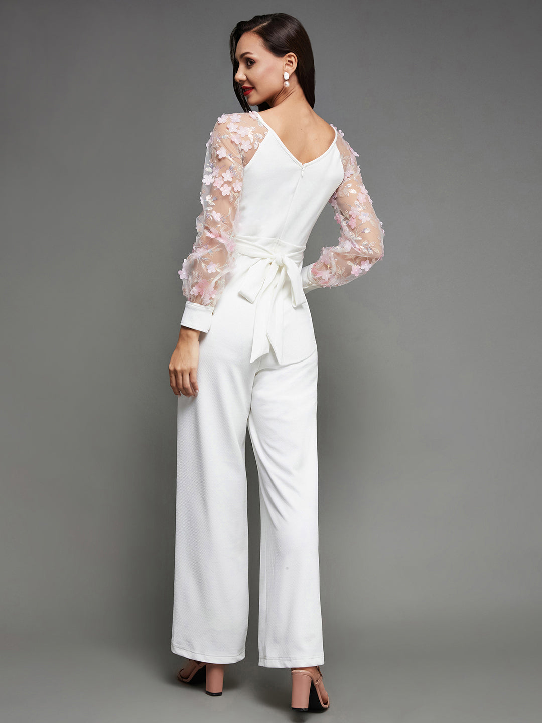 Women's Off White Floral Keyhole Neck Bishop Sleeves Side Pocketed Polyester Back Tie-Up Regular-Length Jumpsuit