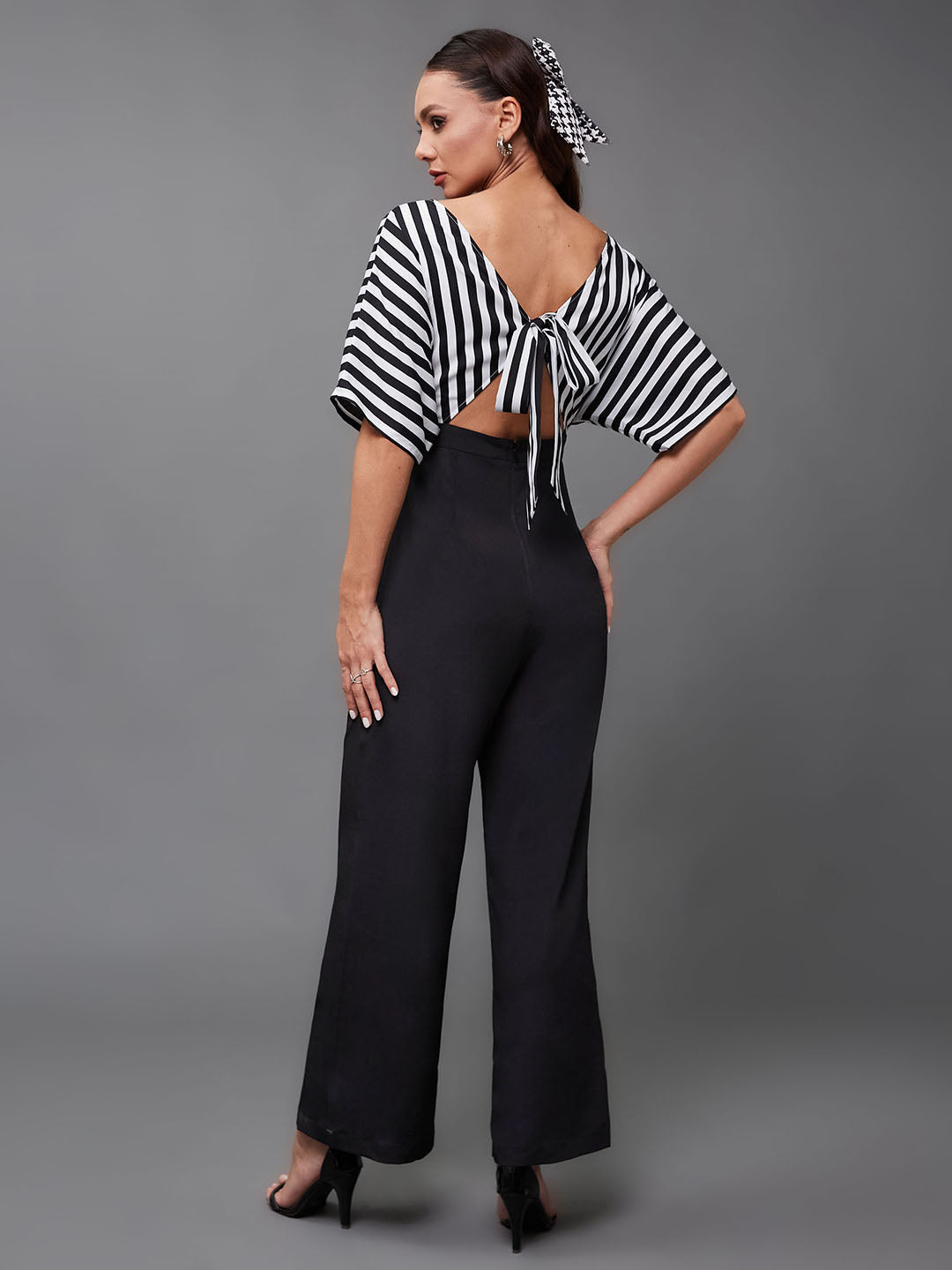 Women's Black & White Square Neck Half Sleeve Striped Back Tie-Up Regular Jumpsuit