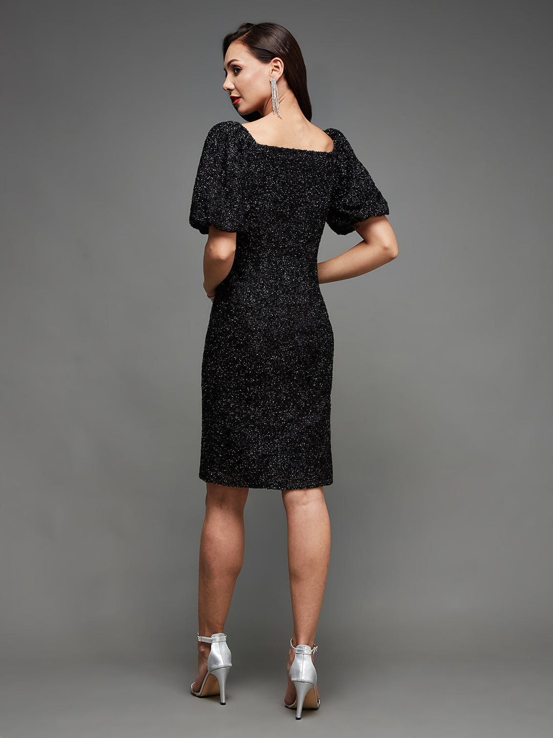 Women's Black Square Neck Half Sleeve Self Design Bodycon Mini Polyester Dress