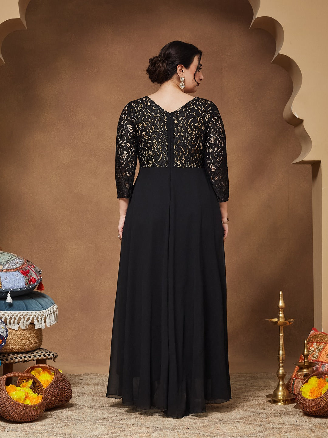 Black Self Design Boat Neck 3/4 Sleeves Side Pocketed Georgette Fit and Flare Maxi Length Dress for Women — Miss Chase A+