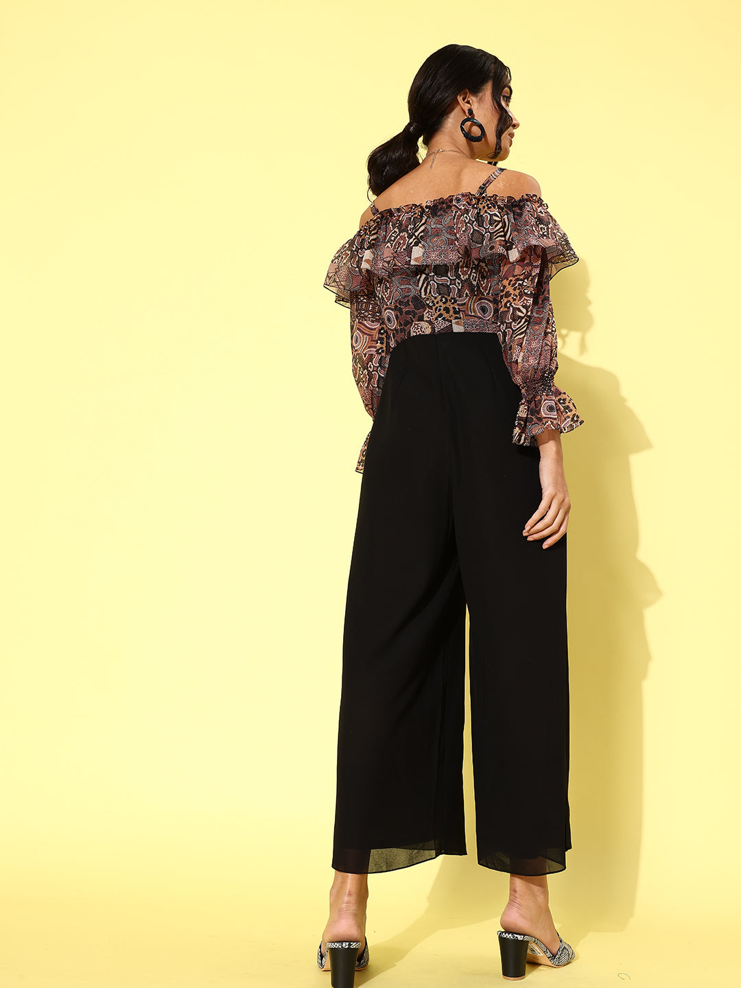 Women's Multicolored-Base-Black Off-Shoulder Ruffled Sleeve Animal Print Frilled Regular Jumpsuit