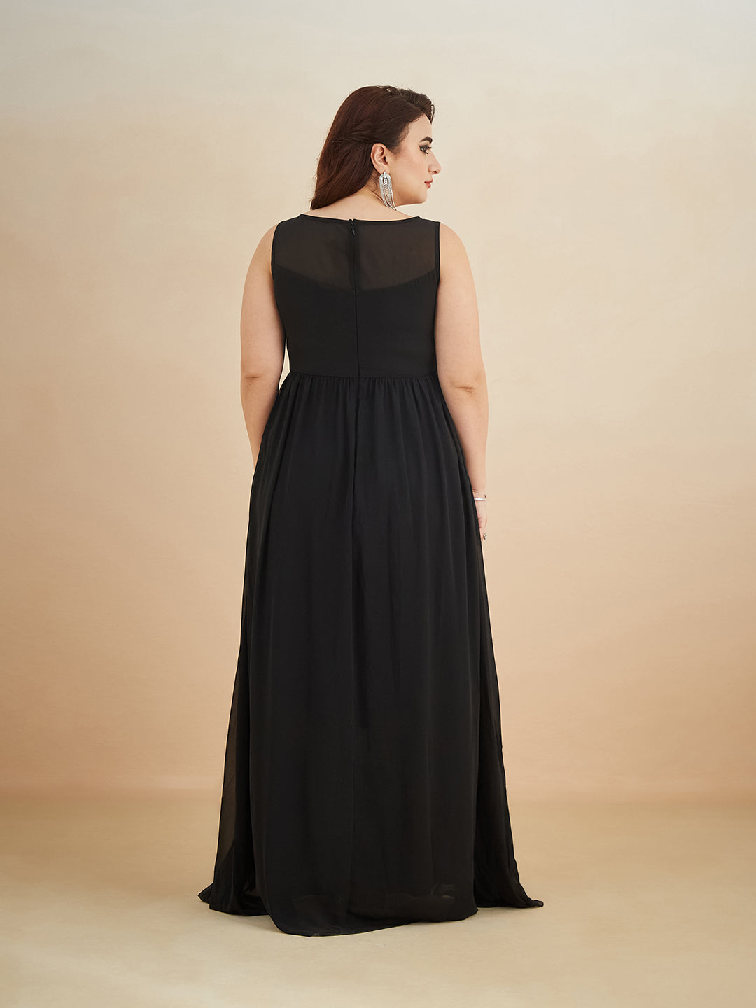 Black Boat Neck Sleeveless Solid Embellished Maxi Dress for Women — Miss Chase A+