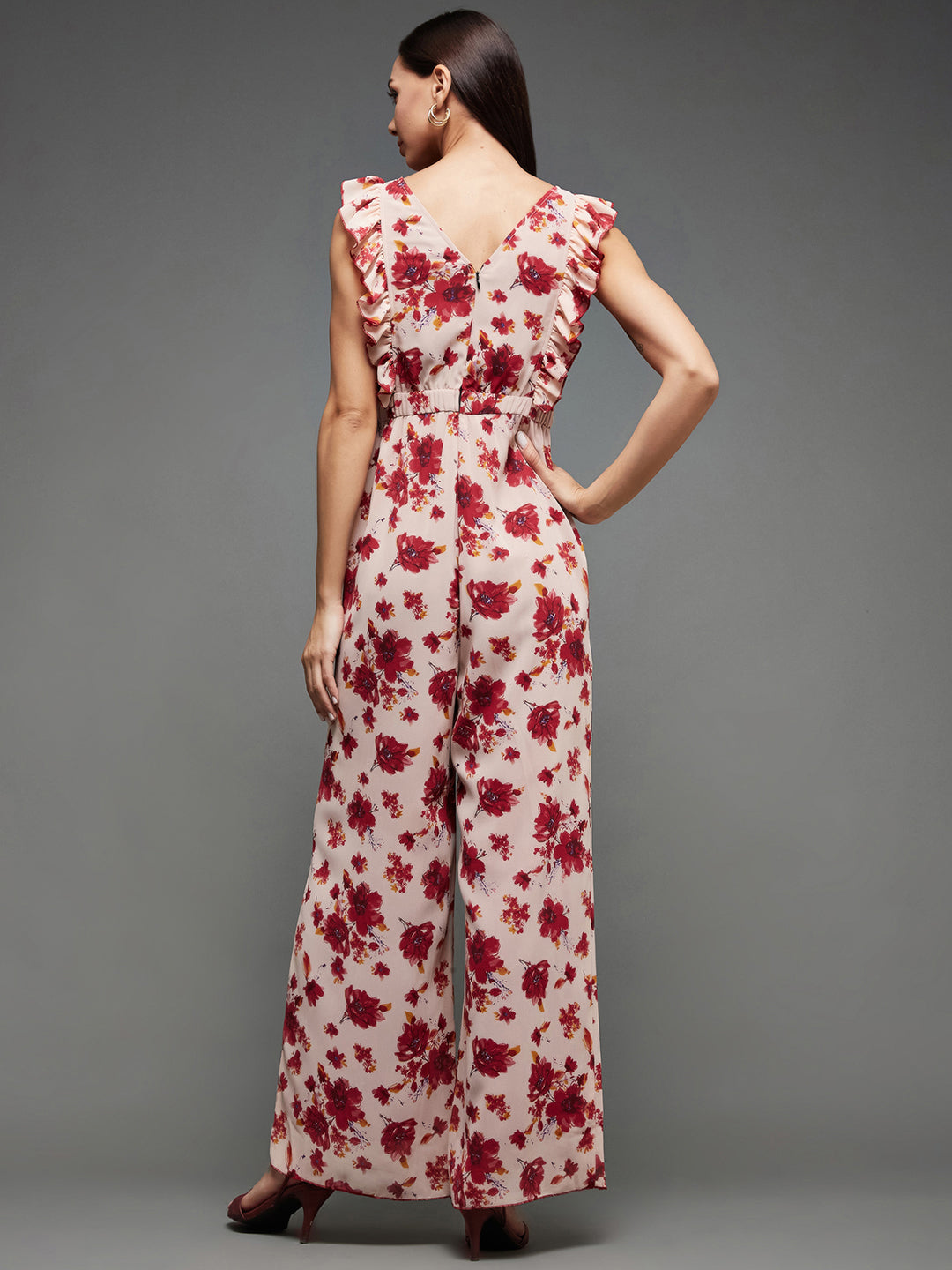 Women's Multicolored-Base-Light Pink Round neck Sleeveless Floral Wide Leg Regular Jumpsuit