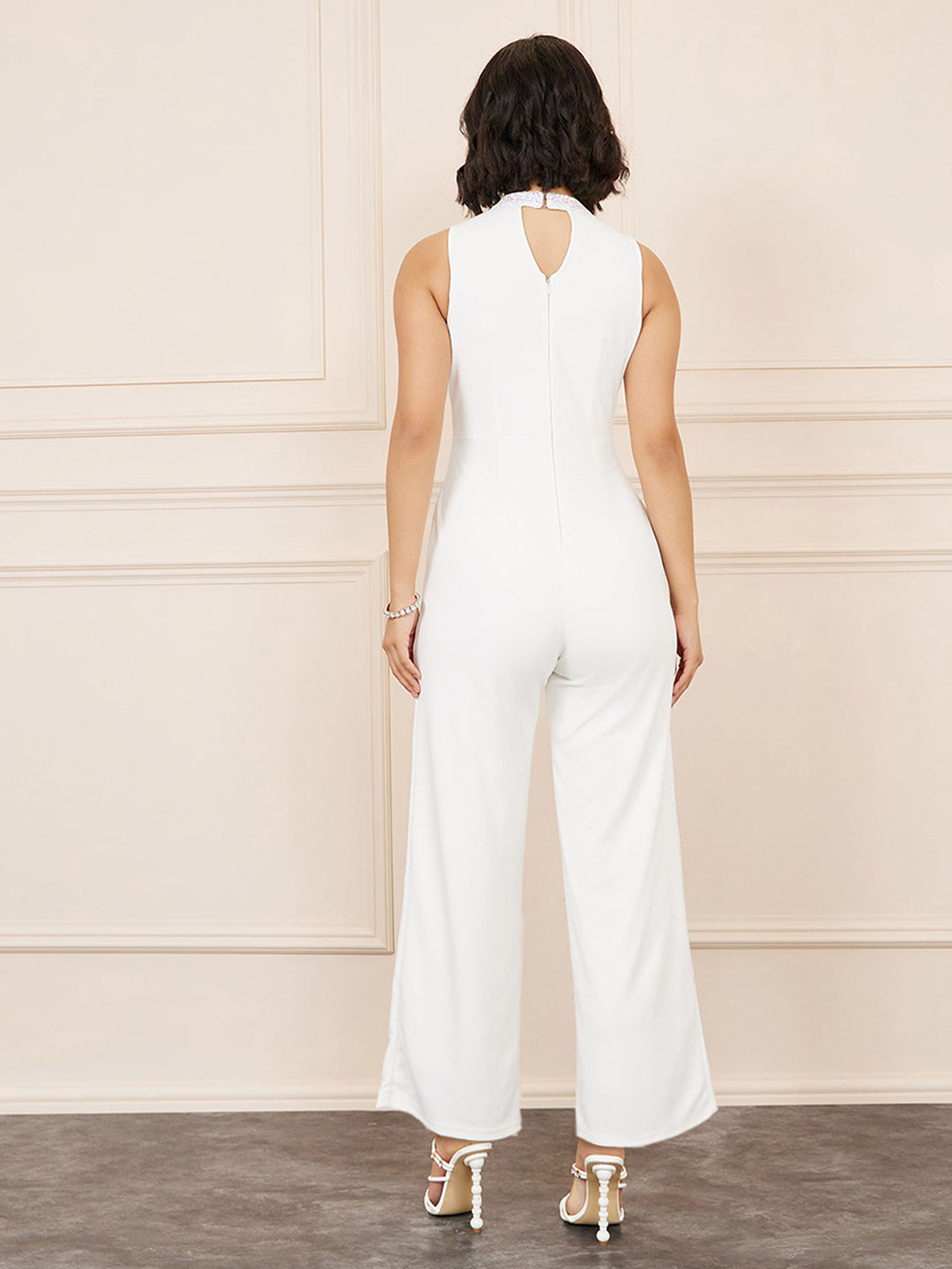 Women's Off White Halter-Neck Sleeveless Embellished Wrap Polyester Jumpsuit