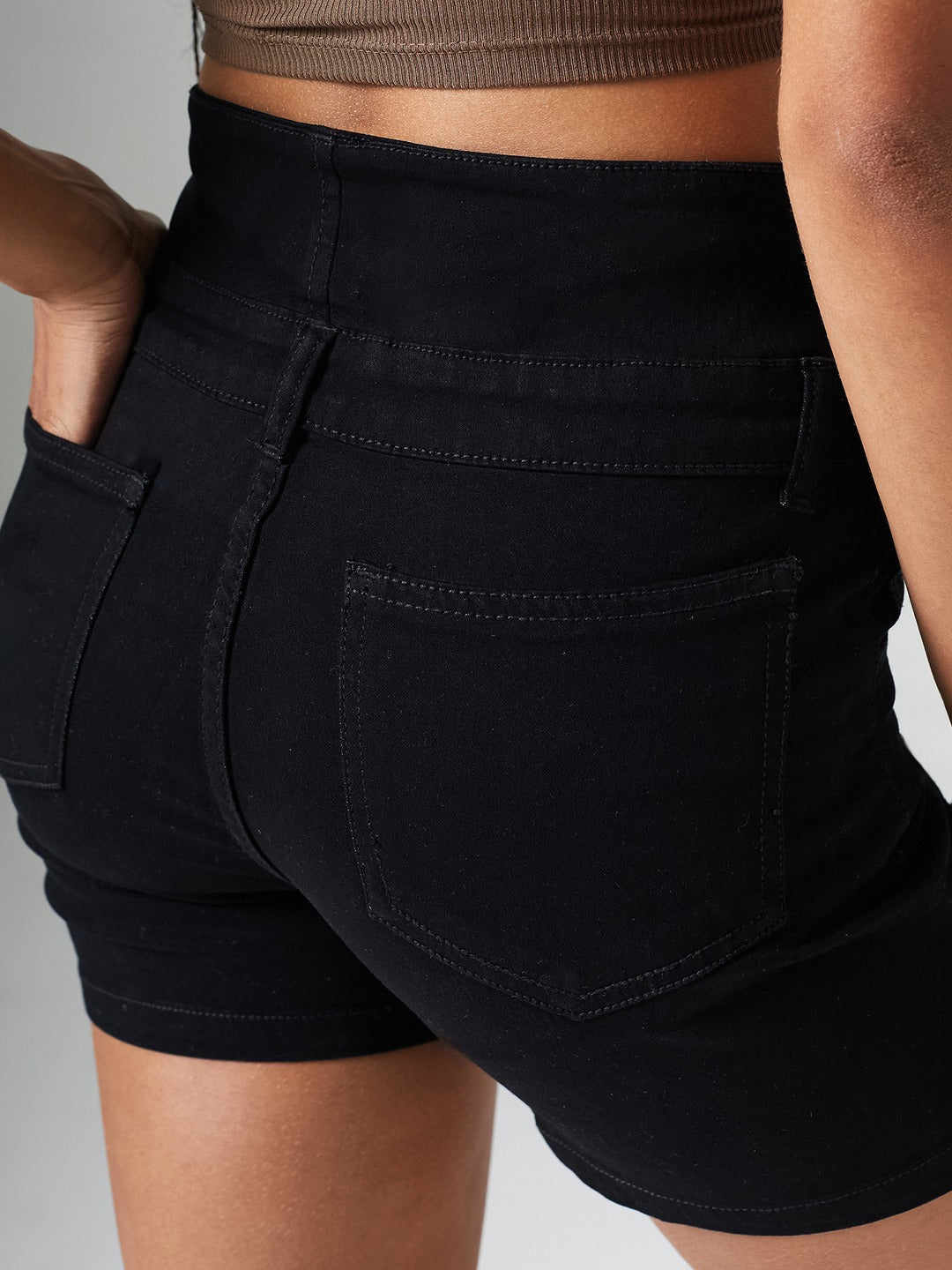 Black Regular-Fit High-Rise Clean-Look Regular-Length Stretchable Denim Shorts for Women