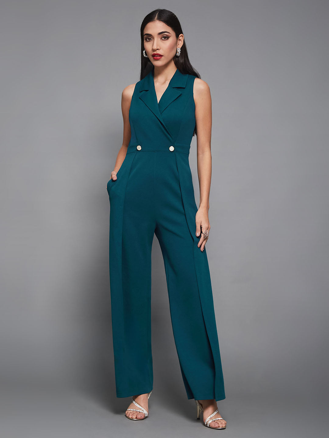 Women's Teal Notched Collar Sleeveless Solid Wrap Regular-Length Jumpsuit
