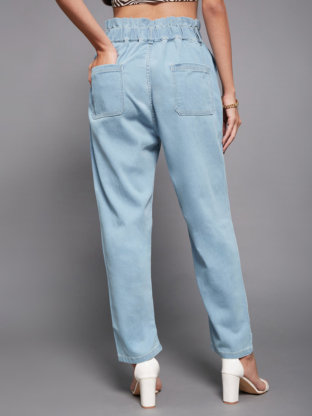 Women's Light Blue Mom's Jean High-Rise Mild Distress Stretchable Denim Jeans