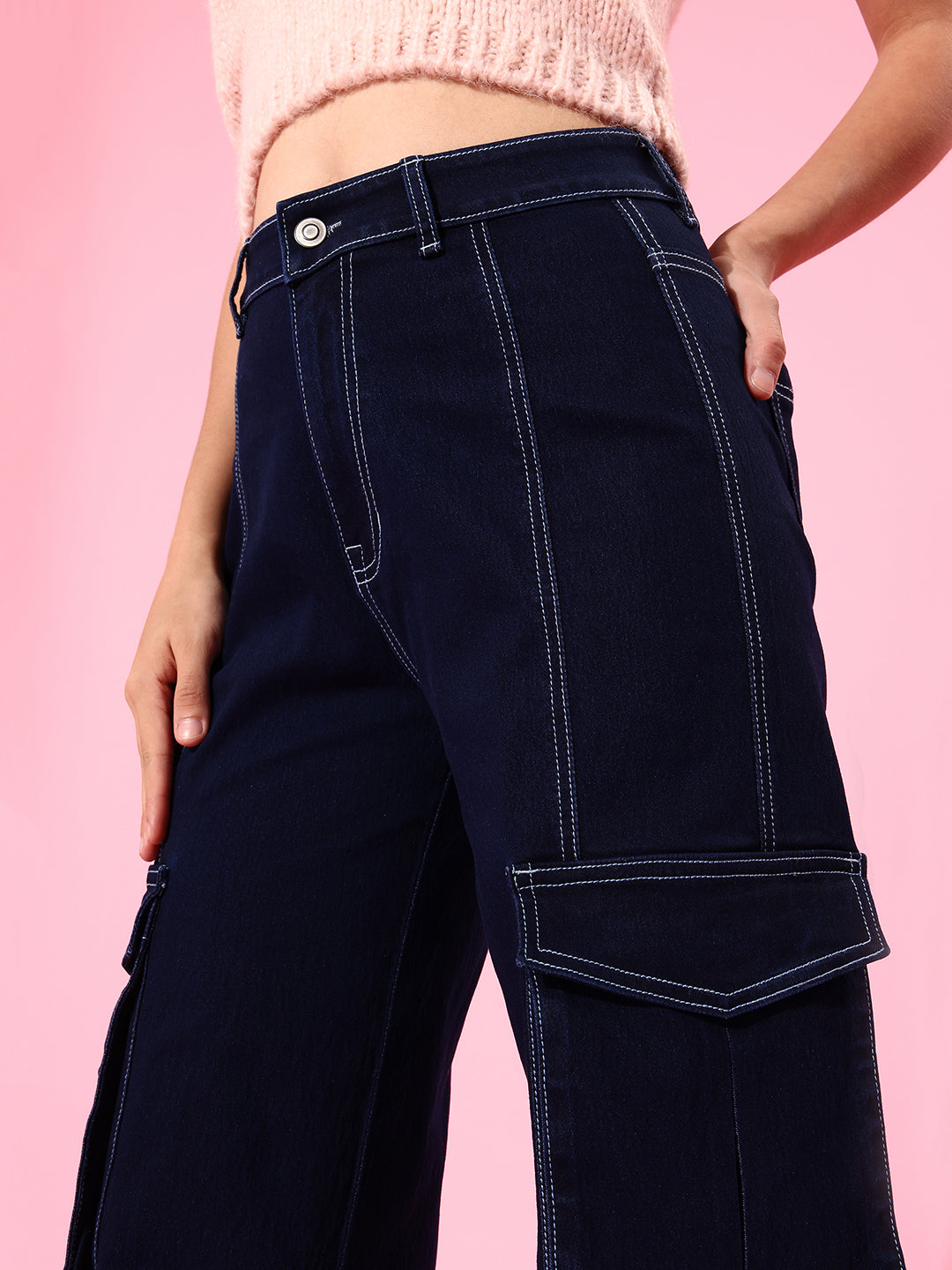 24/7 Comfort Navy Blue Wide-Leg Cargo High-Rise Stretchable Baggy Denim Jeans