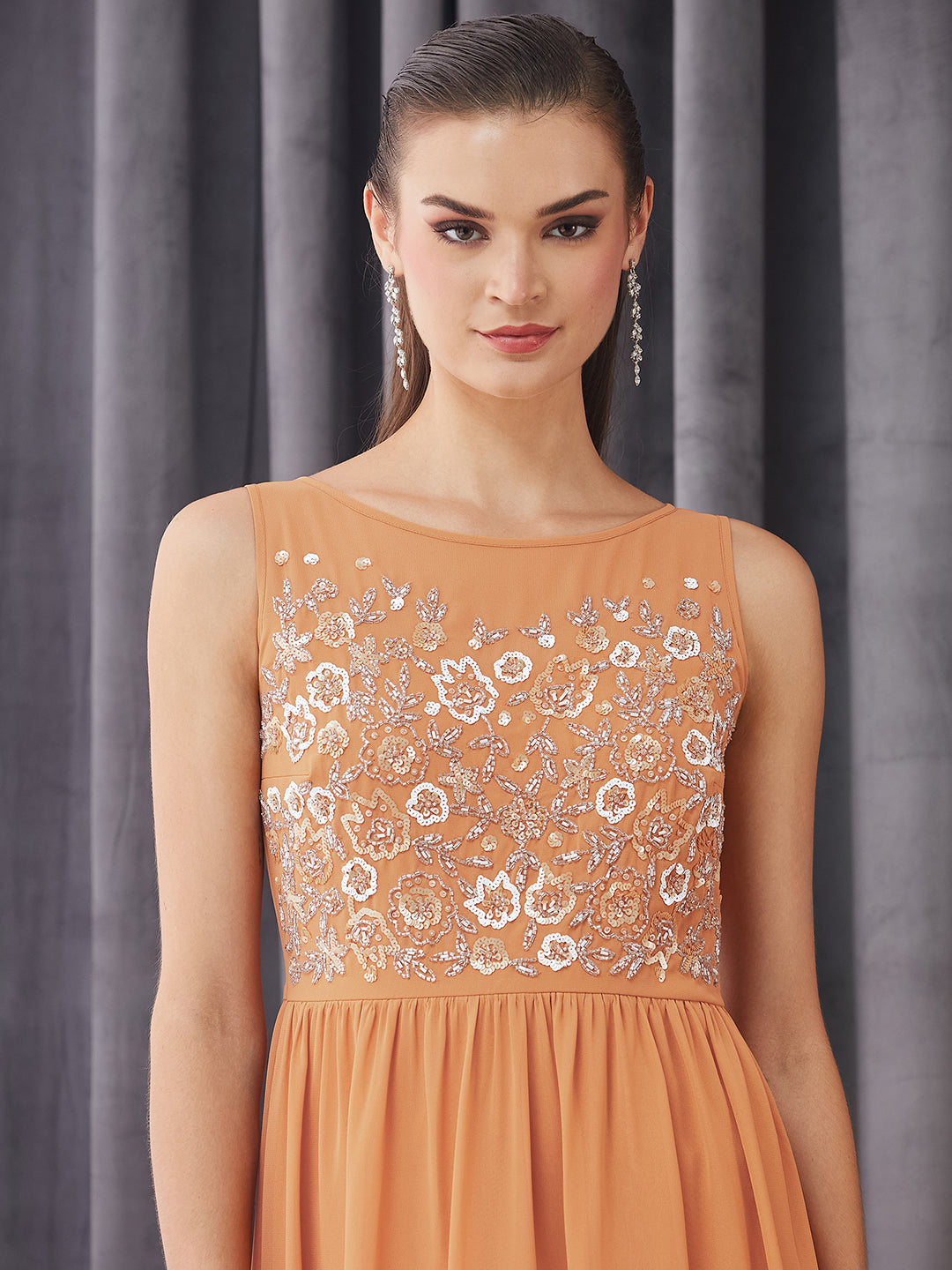 Women's Dusty Orange Boat Neck Sleeveless Embroidered Georgette Gathered Maxi Dress