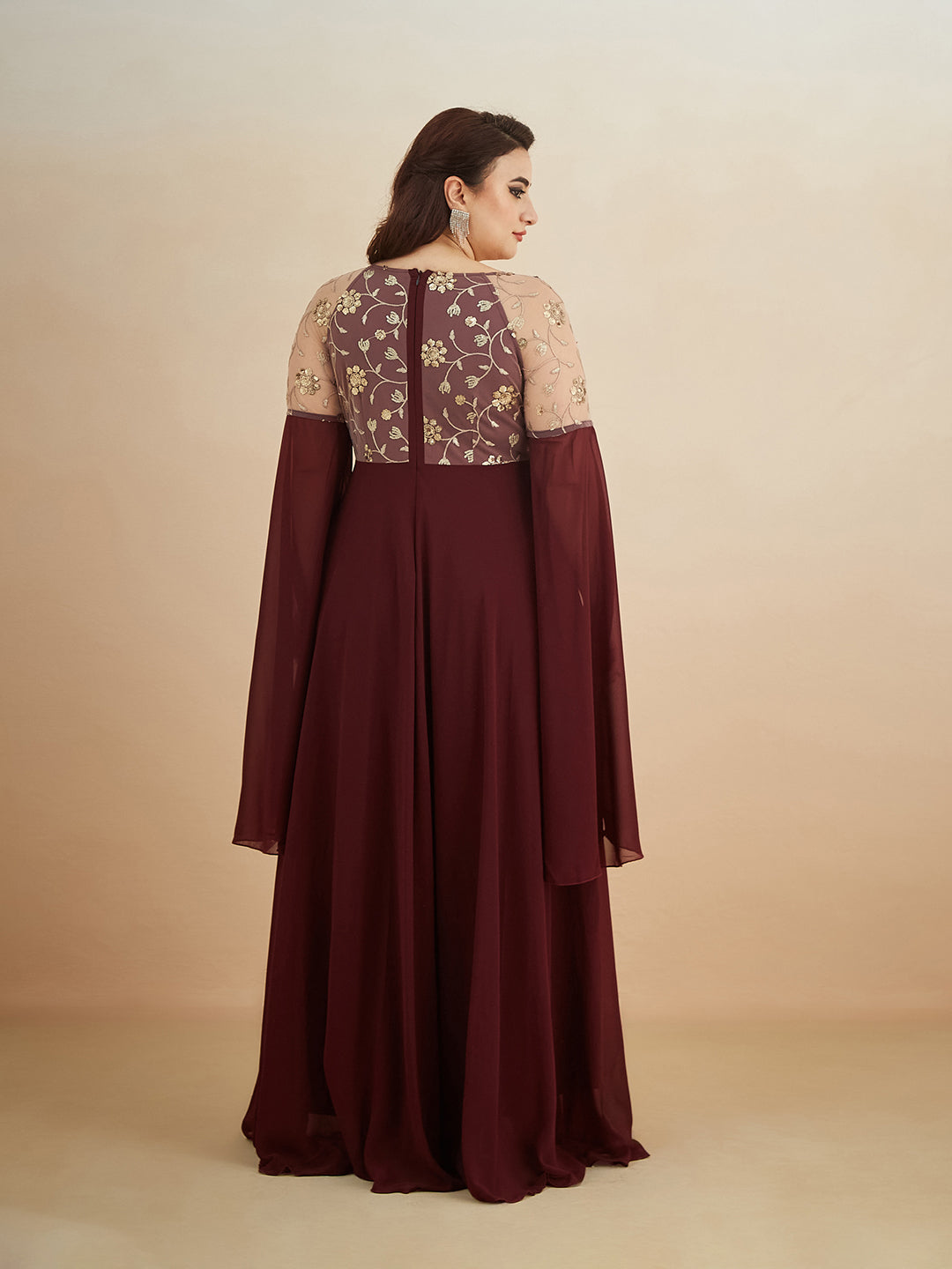 Wine V-Neck Flared Long sleeve Embroidered Fit & Flare Maxi Dress for Women