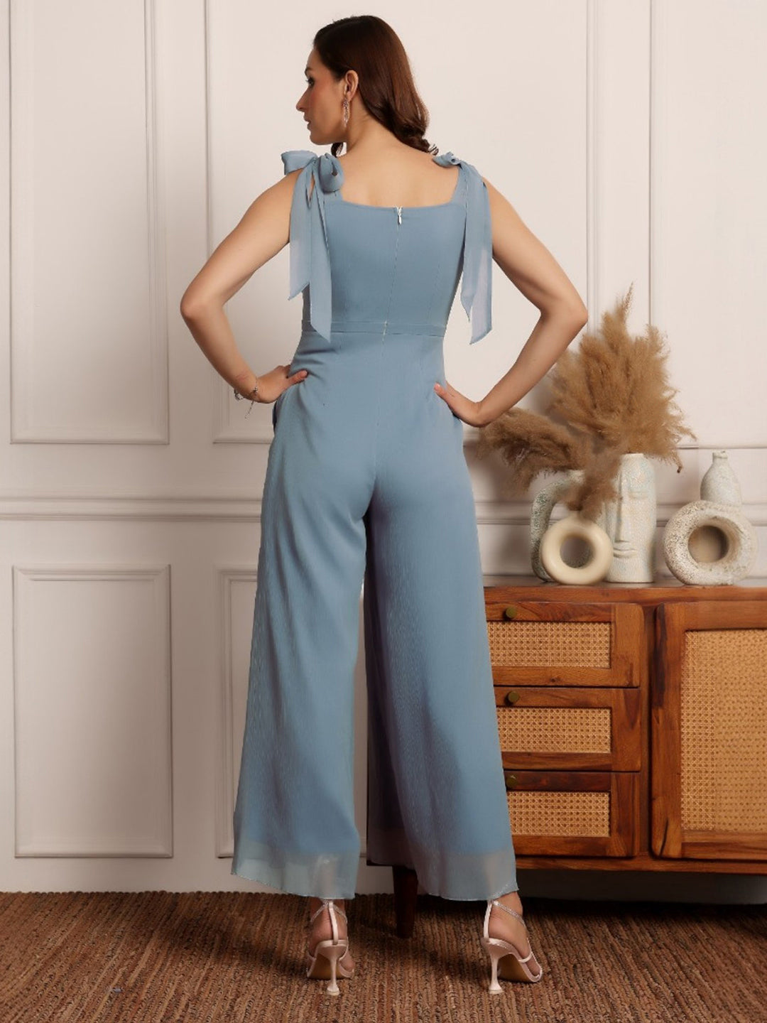 Women's Dusty Blue Square-Neck Sleeveless Embellished Pleated Chiffon Jumpsuit